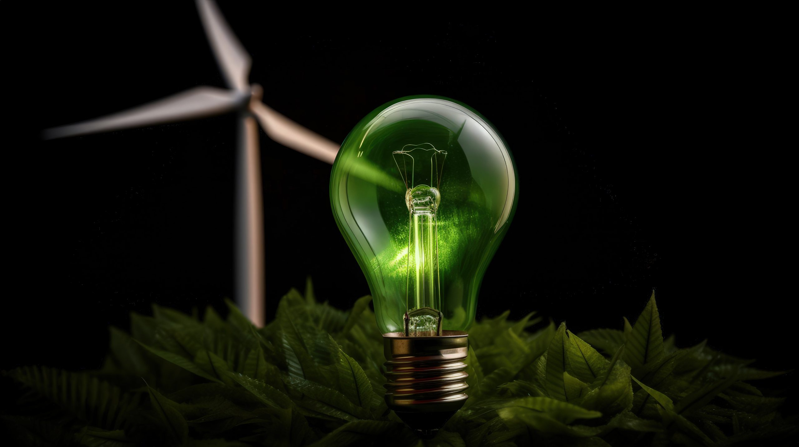 a green light bulb with a wind turbine in the background, generative AI