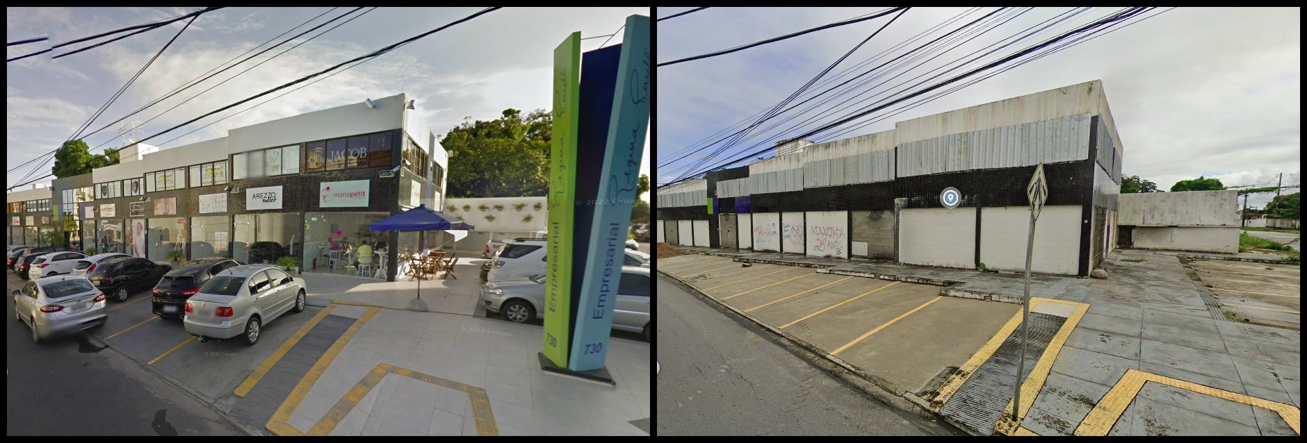 Galeria comercial no Pinheiro antes e depois dos danos causados pela Braskem