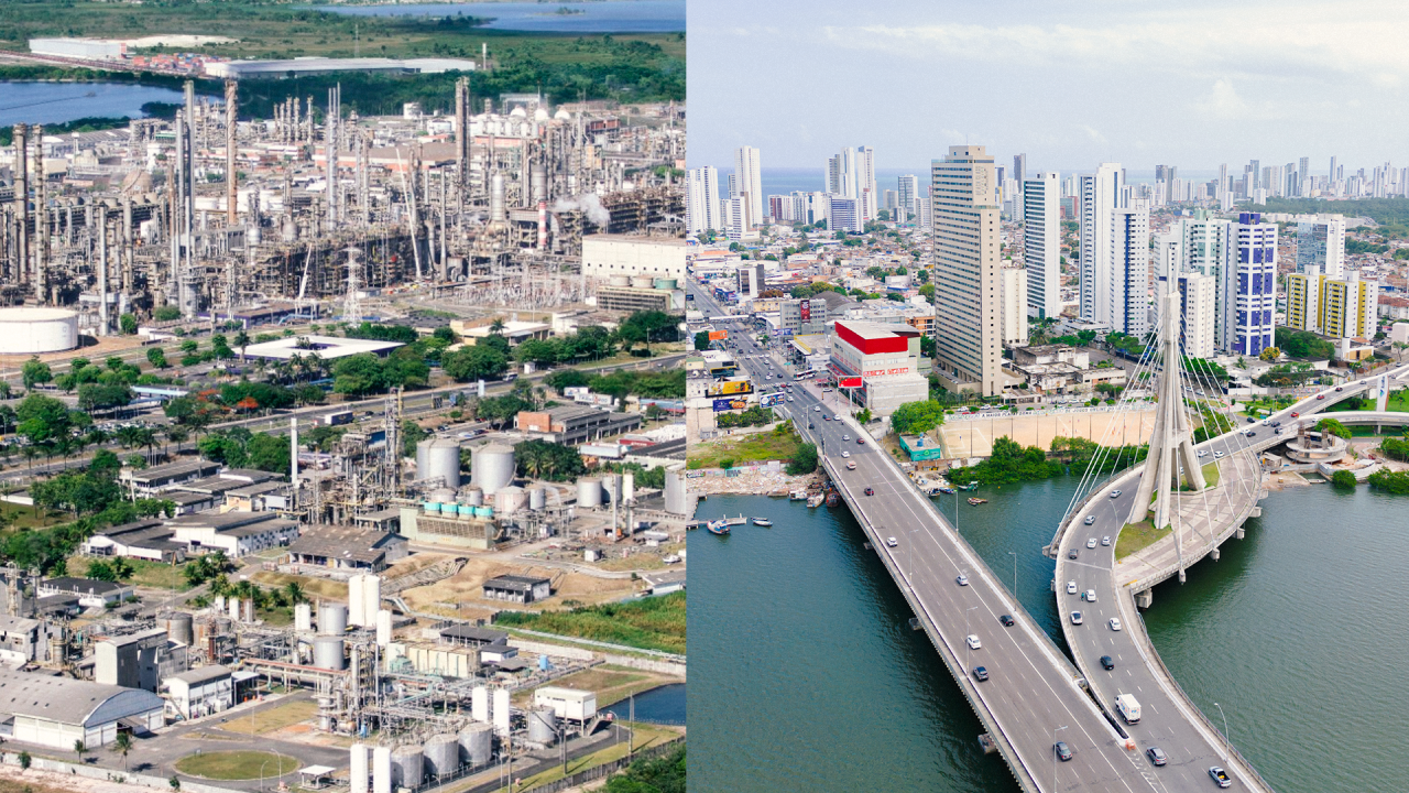 Polo petroquímico de Camaçari-BA e área urbana de Recife-PE | Reprodução Linkedin